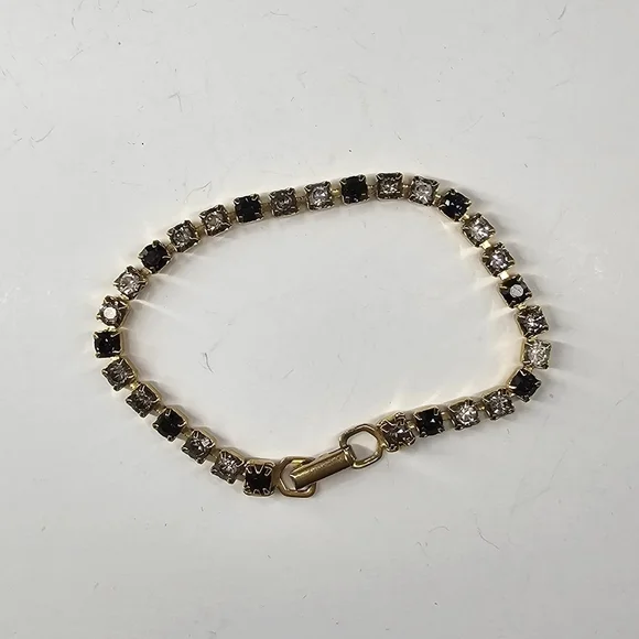 Vintage 90s Navy/Clear Rhinestones Gold Bracelet - Picture 2 of 7